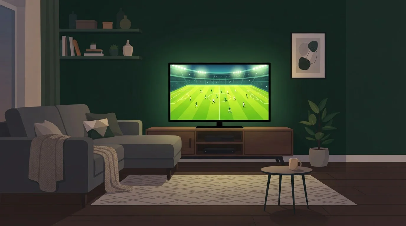 Fernseher mit grün beleuchtetem Spielfeld neben einem Sofa im Wohnzimmer