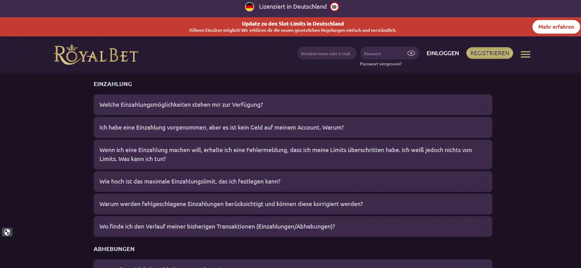 Hilfebereich von RoyalBet mit Fragen zur Auszahlung und zur Banküberweisung