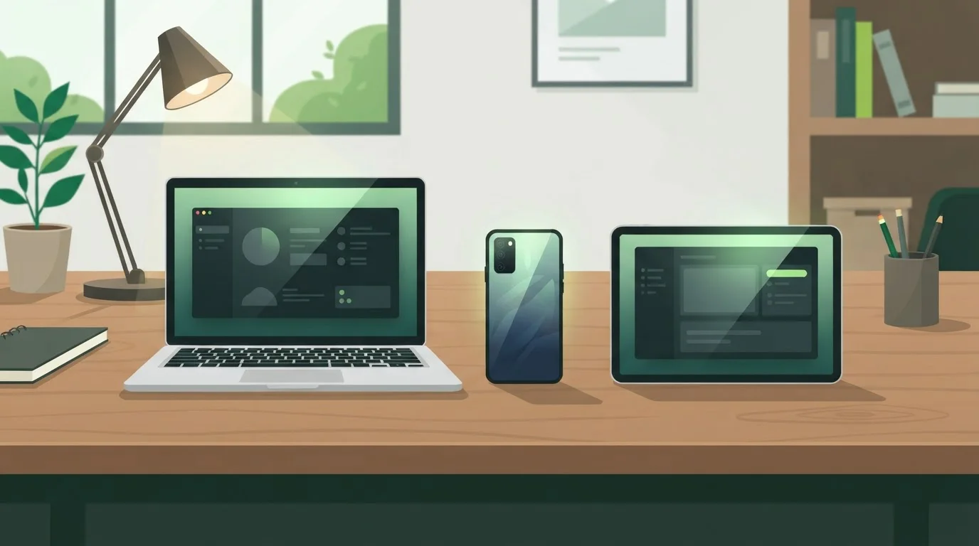 Laptop Smartphone und Tablet nebeneinander auf einem aufgeräumten Schreibtisch