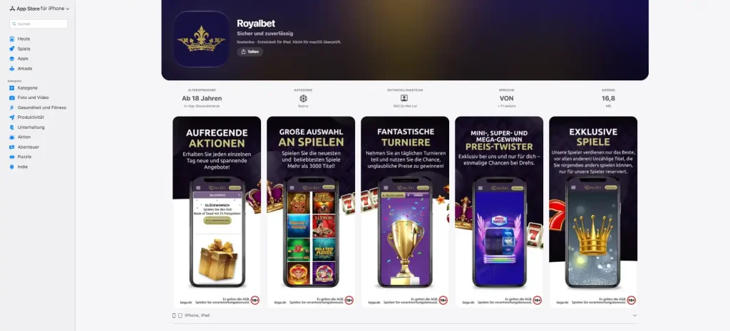 Royalbet-Eintrag im deutschen App Store mit App-Namen und Angaben zu iOS
