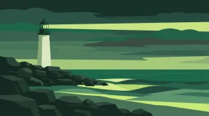 Leuchtturm an einer felsigen Küste bei Abendlicht