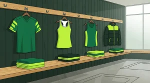 Sporttrikots verschiedener Sportarten hängen an Haken in einer Umkleide